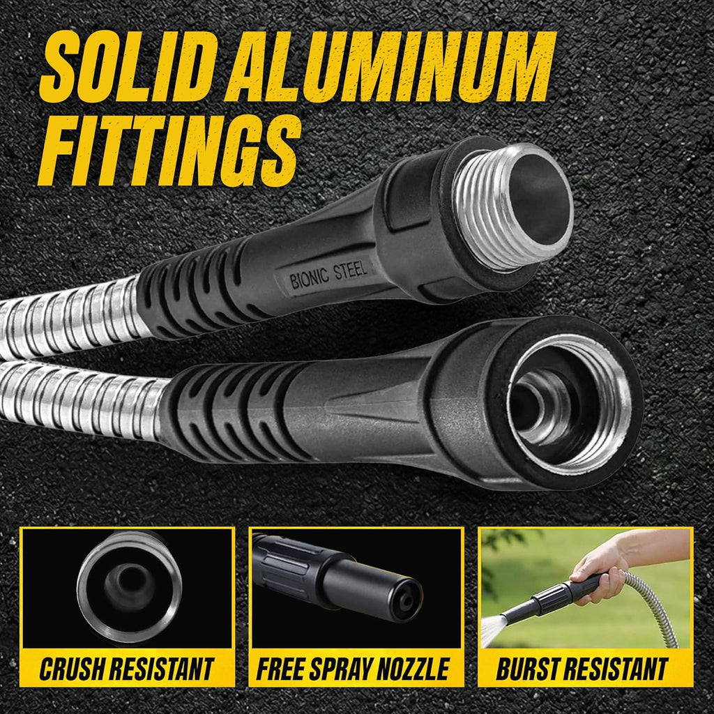 BIONIC STEEL 50 Ft Metal Garden Hose with Sprayer Nozzle | Non Kinking Design, Stainless Steel Heavy Duty Water Hose