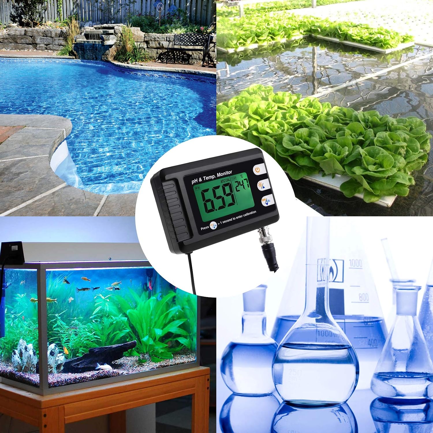 2 in1 pH Temperature Meter, Aquarium Thermometer pH Monitor with BNC Probe | Hydroponics, Aquariums, Pools, Labs
