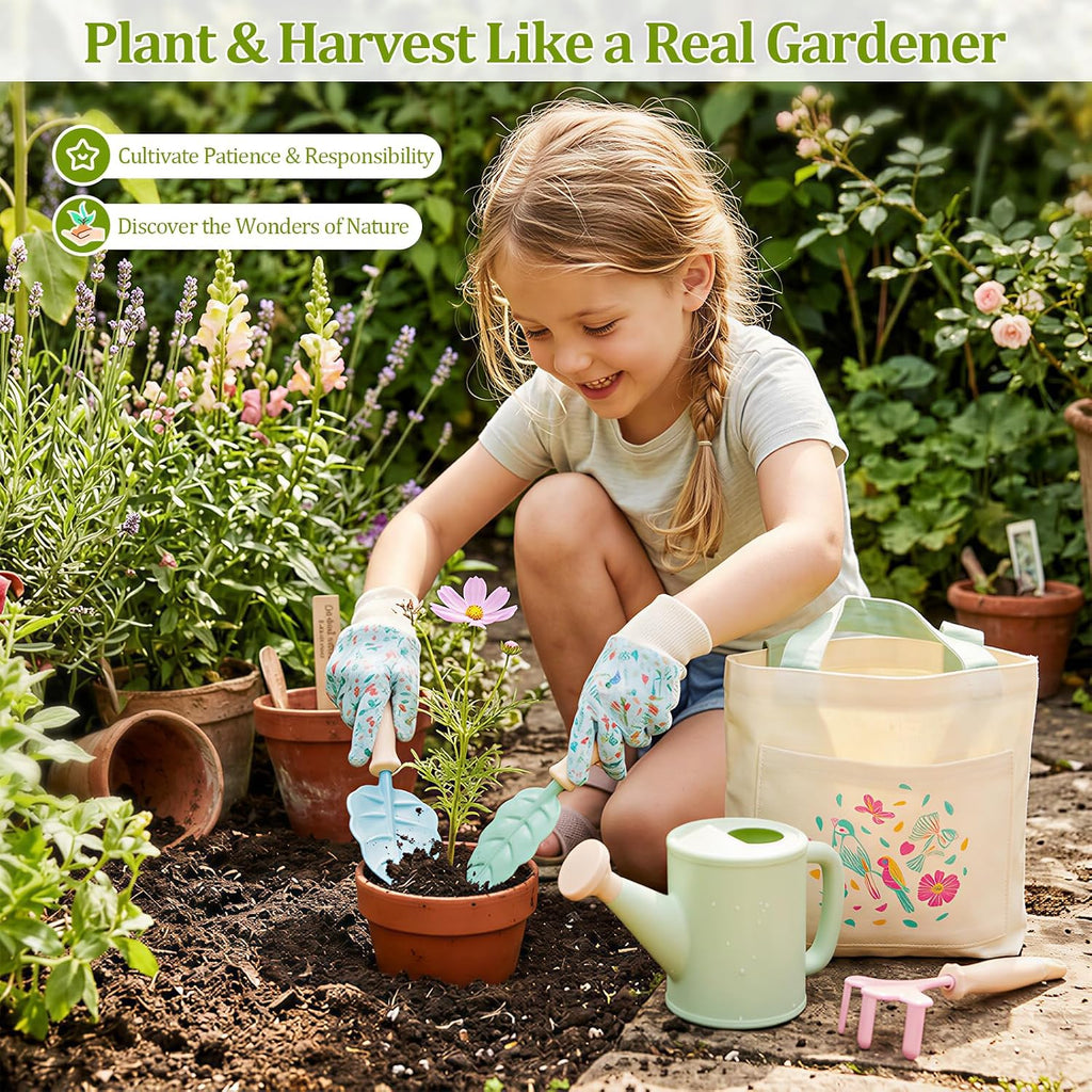 FITNATE Kids Gardening Tools Set 6PCS | with Watering Can, 3 Garden Tools, Gloves & Tote Bag, Perfect for Garden