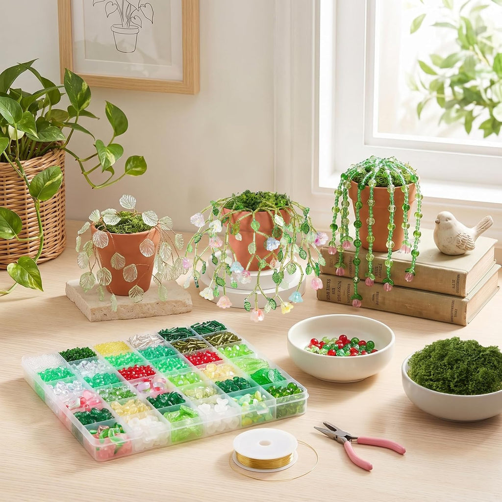 Weldomcor 6385 Pcs Beaded Plant Kit with Magnets for Fridge, Forever Green Glass Beaded Plants Leaf Flower Sun Catcher