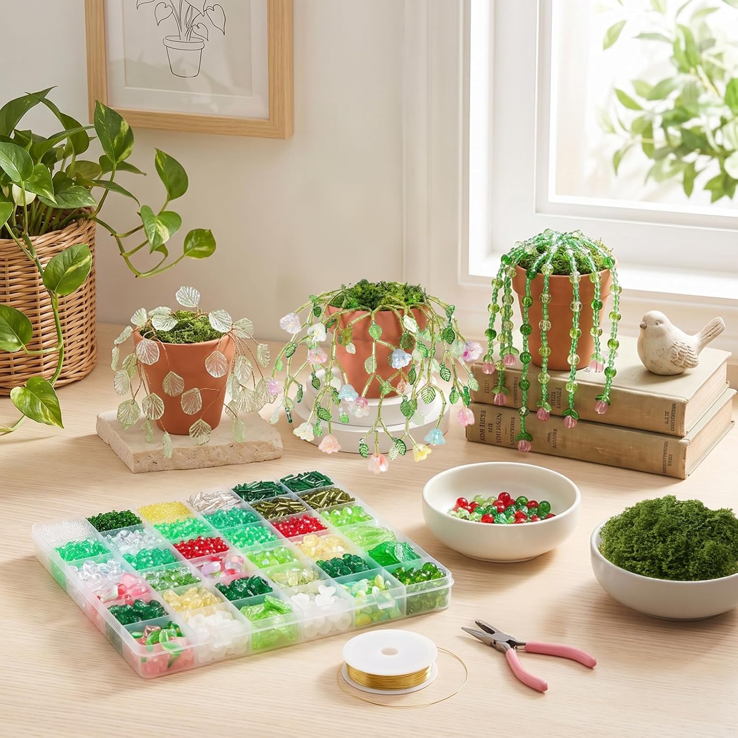 Weldomcor 6385 Pcs Beaded Plant Kit with Magnets for Fridge, Forever Green Glass Beaded Plants Leaf Flower Sun Catcher