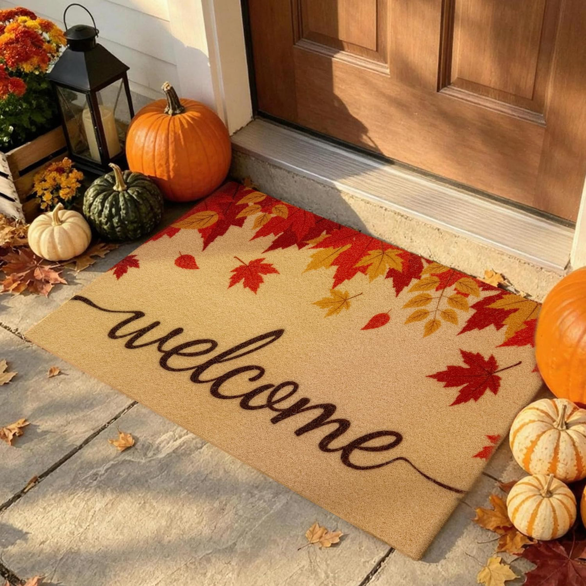 2 Pcs Fall Maple Leaf Welcome Doormat-Fall Decor Orange White Door Mat Set