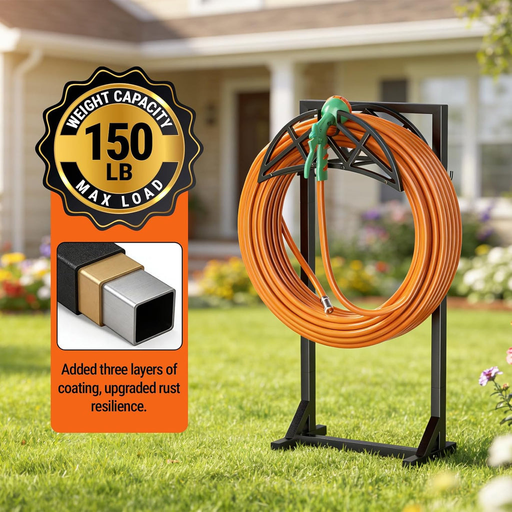 Garden Hose Reel, Heavy Duty Water Hose Holder for Outside | Freestanding Metal Hose Stand Holds Up to 150 FT, Outdoor