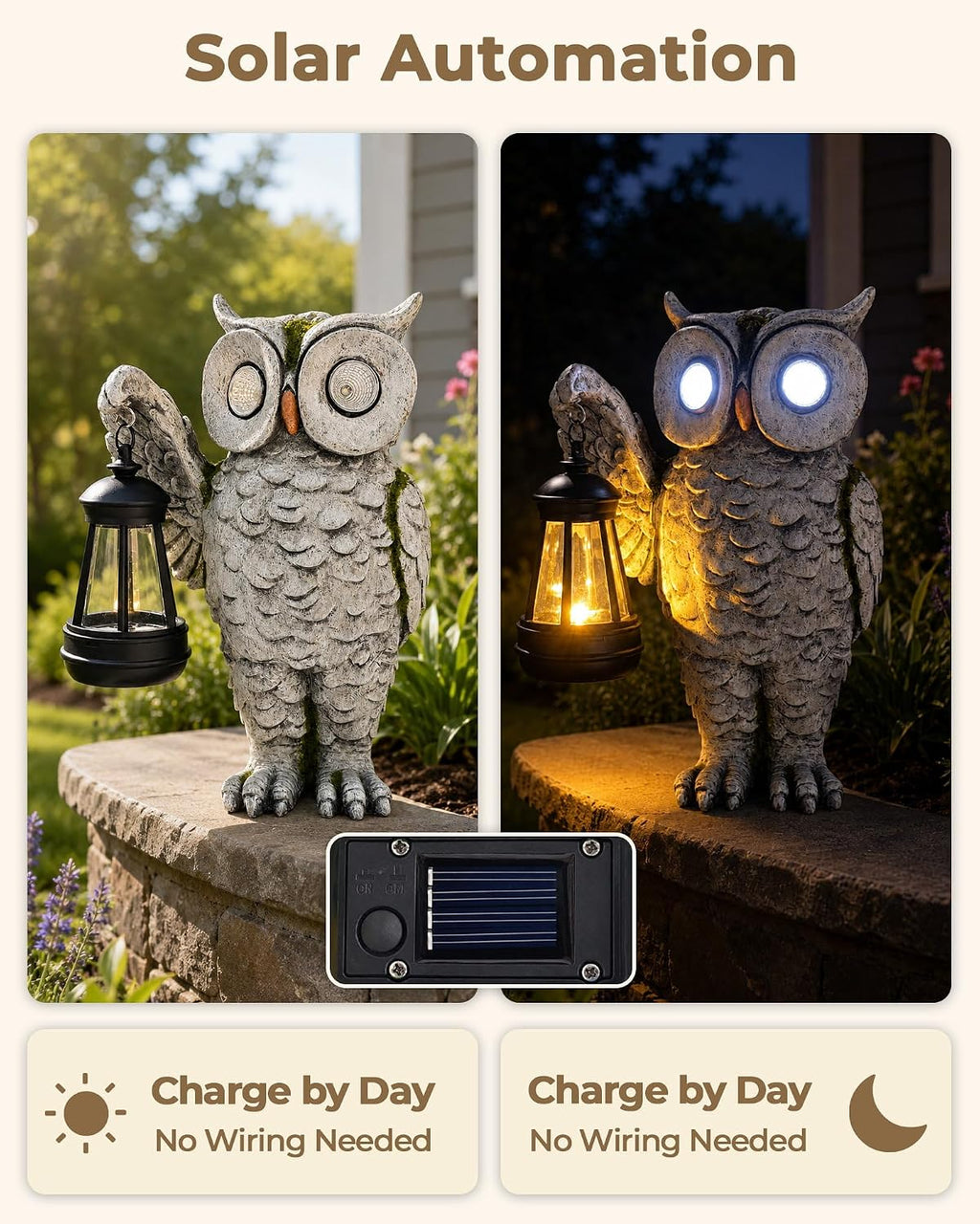 Solar Owl Garden Statue, Stone-Look Resin with Lantern | Glowing Eyes Auto Dusk Lighting Hand-Painted Finish