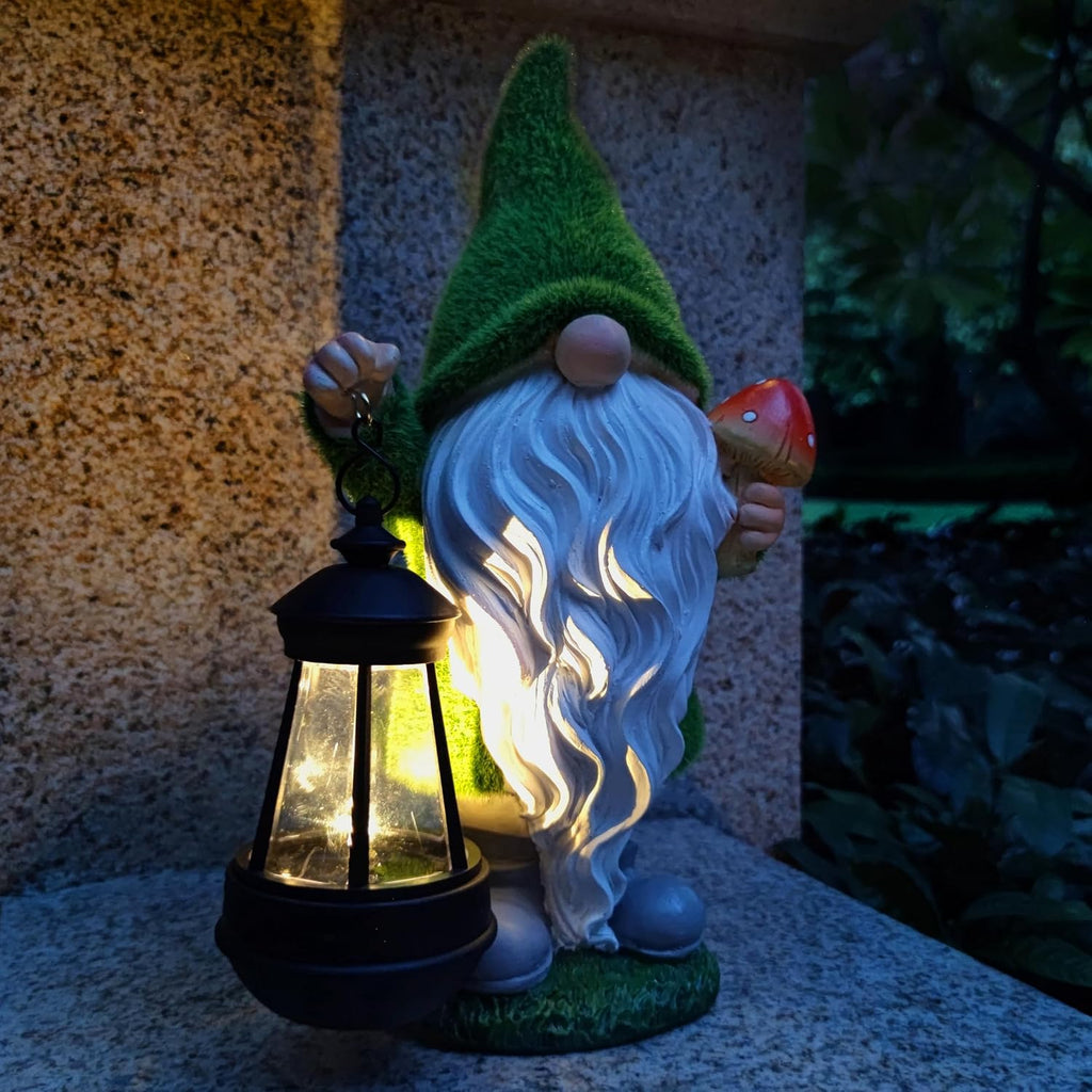 Solar Gnomes Garden Statues,Resin Gnome Figurine Holding Mushroom and Solar Lights Lantern,Outdoor Yard Art Decorations