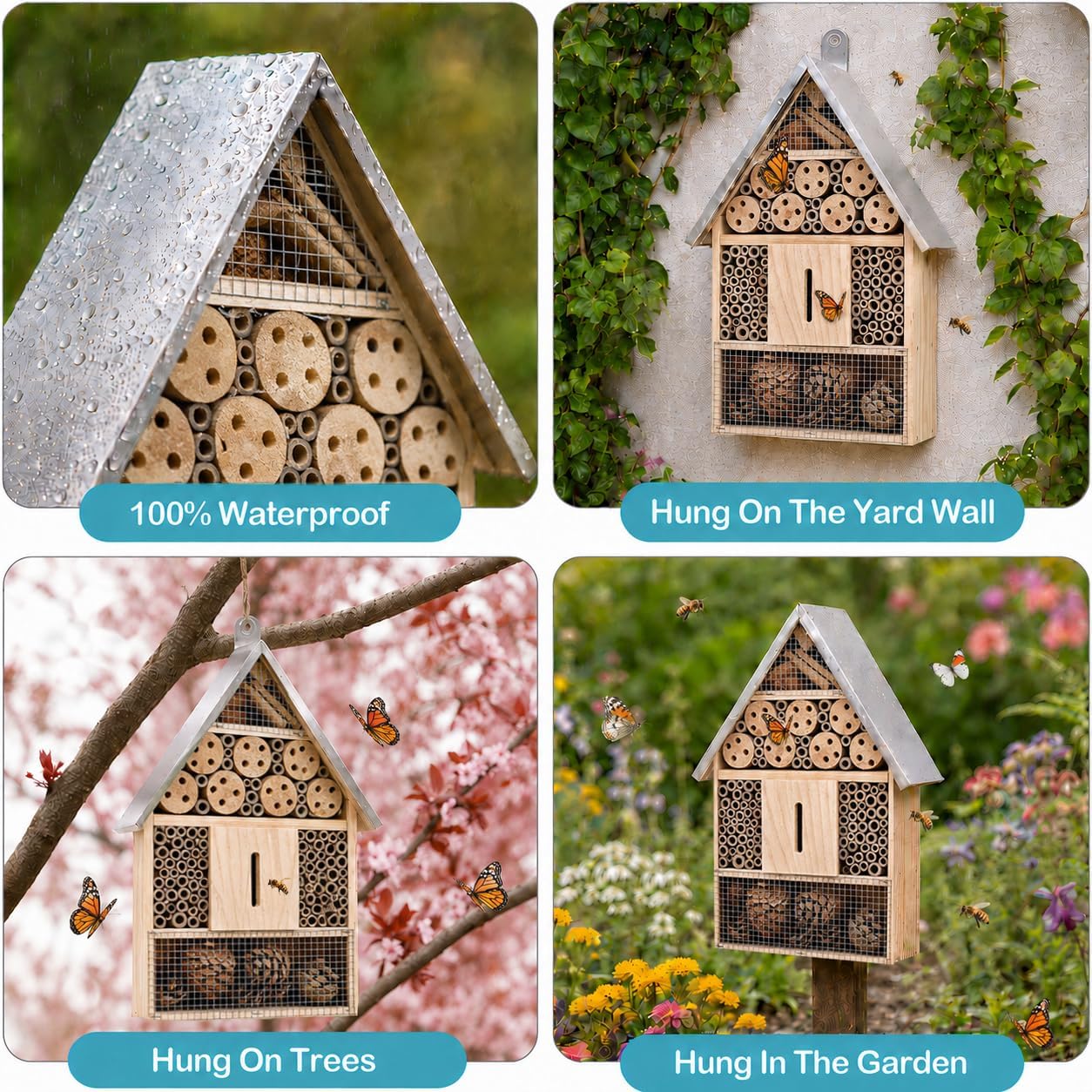 Wooden Mason Insect Bee Butterfly House,Insect Hotel,an Outdoor Hanging Bamboo Habitat for Bee Butterfly Ladybugs
