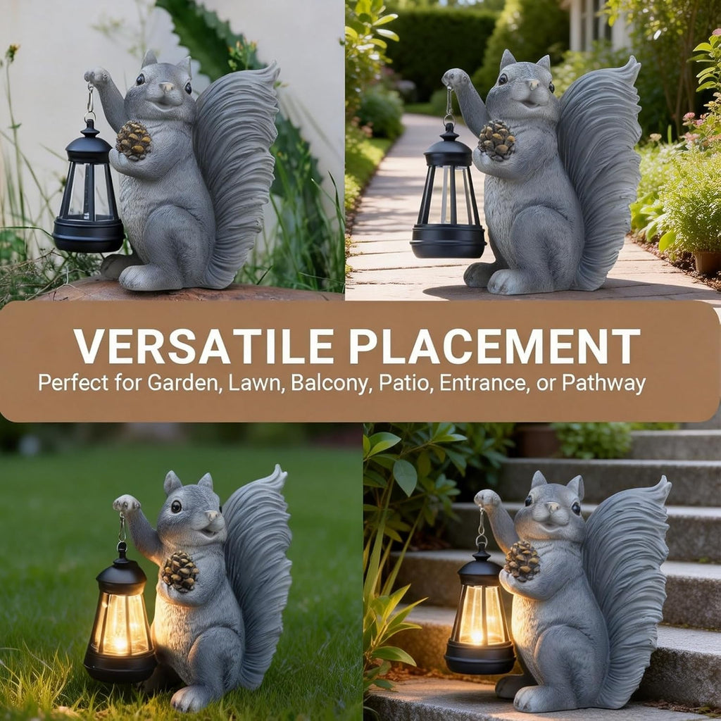 Solar Squirrel Garden Statue Outdoor Decor, Grey, Resin | Sculpture with Lantern，For Yard Lawn Patio Balcony, Christmas