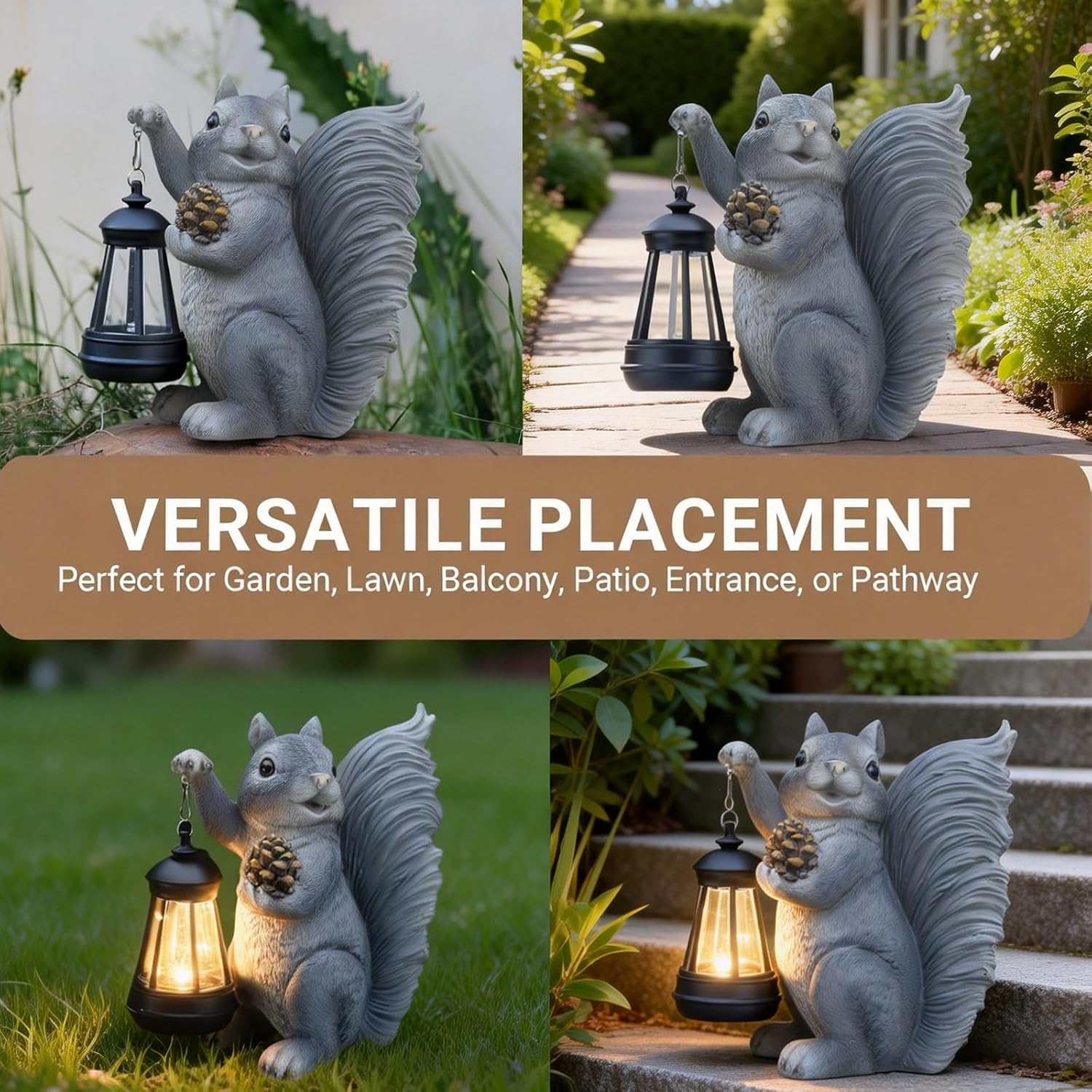 Solar Squirrel Garden Statue Outdoor Decor, Grey, Resin | Sculpture with Lantern，For Yard Lawn Patio Balcony, Christmas