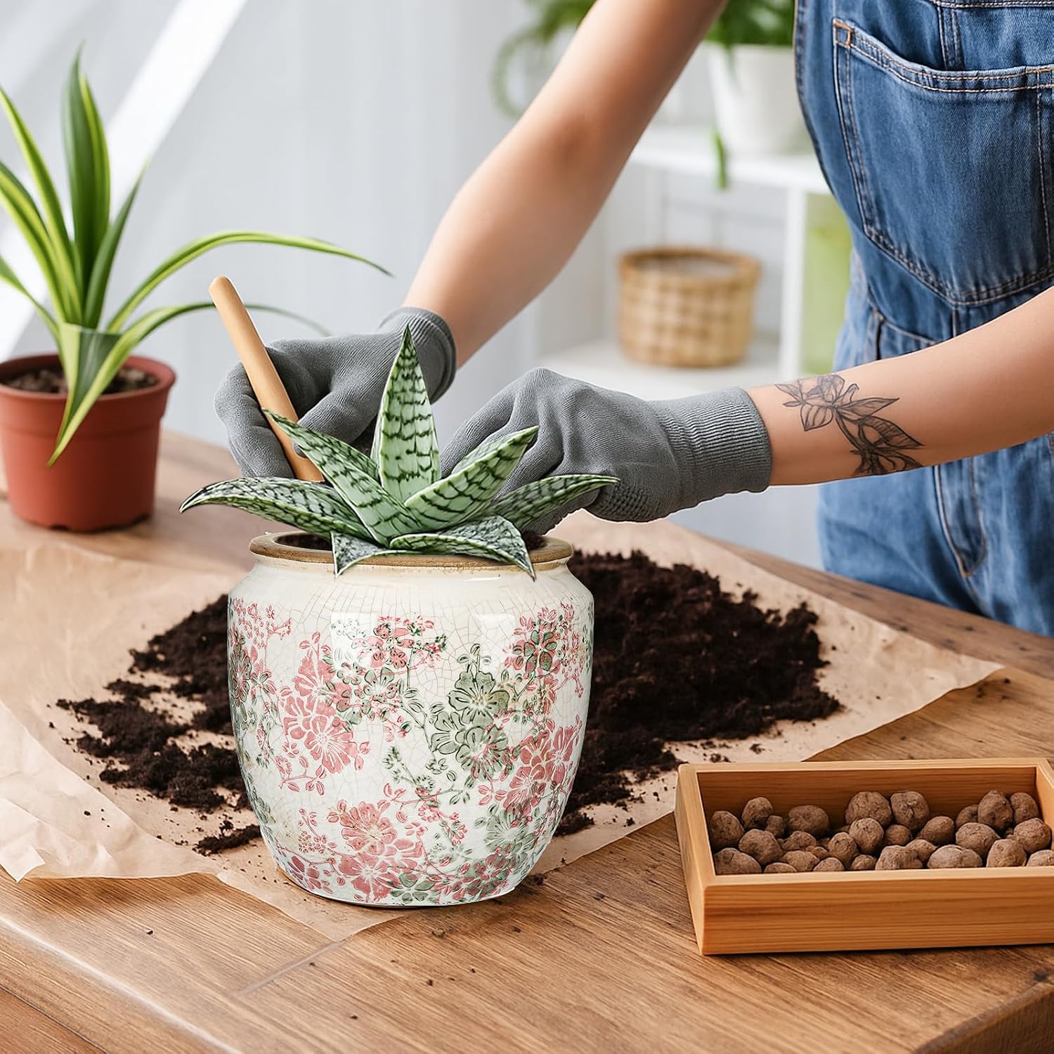 LemonRoad 7 Inch Large Vintage Ceramic Planter with Drainage Holes Ice Crackle Flower Vase Flower Pot with Farmhouse
