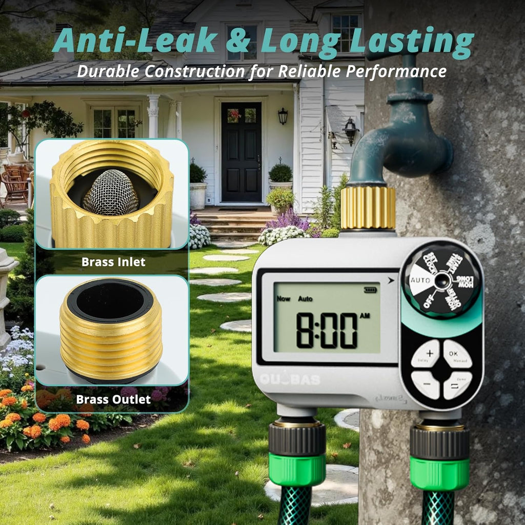 QUOBAS Brass Sprinkler Timer, Programmable Water Hose Timer for Garden Hose | 2 Zone Faucet Timer with Waterproof LCD