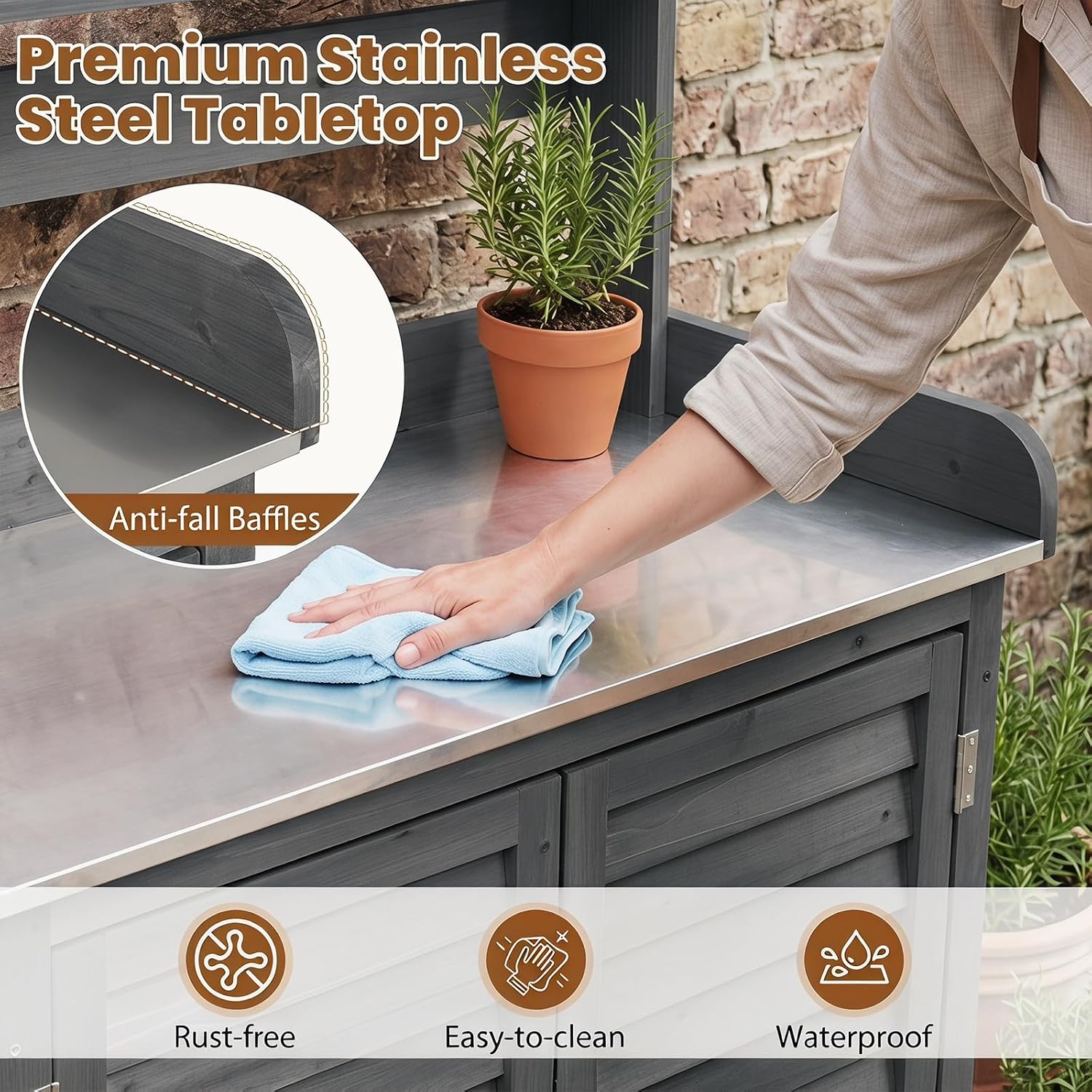 Goplus Garden Potting Bench Table with Stainless Steel Tabletop | Solid Fir Wood Indoor Outdoor Plant Workstation with