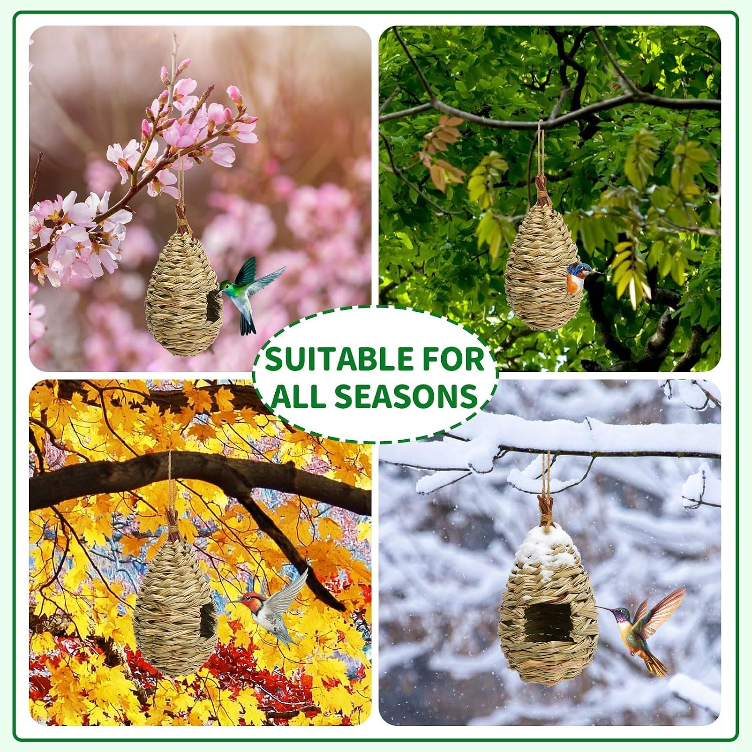 NOVWANG 4 Pcs Hand Woven Hummingbird Houses for Outside | Hand Woven Finch Bird Nest, Outdoor Gardens Patios Balconies