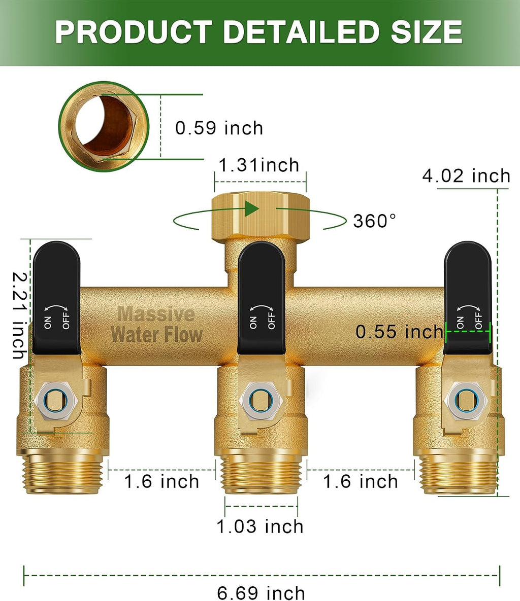 3 Way Hose Splitter, Heavy Duty Full Flow Garden Water Hose Bib Spigot Splitter, Brass Rust and Freeze Resistant