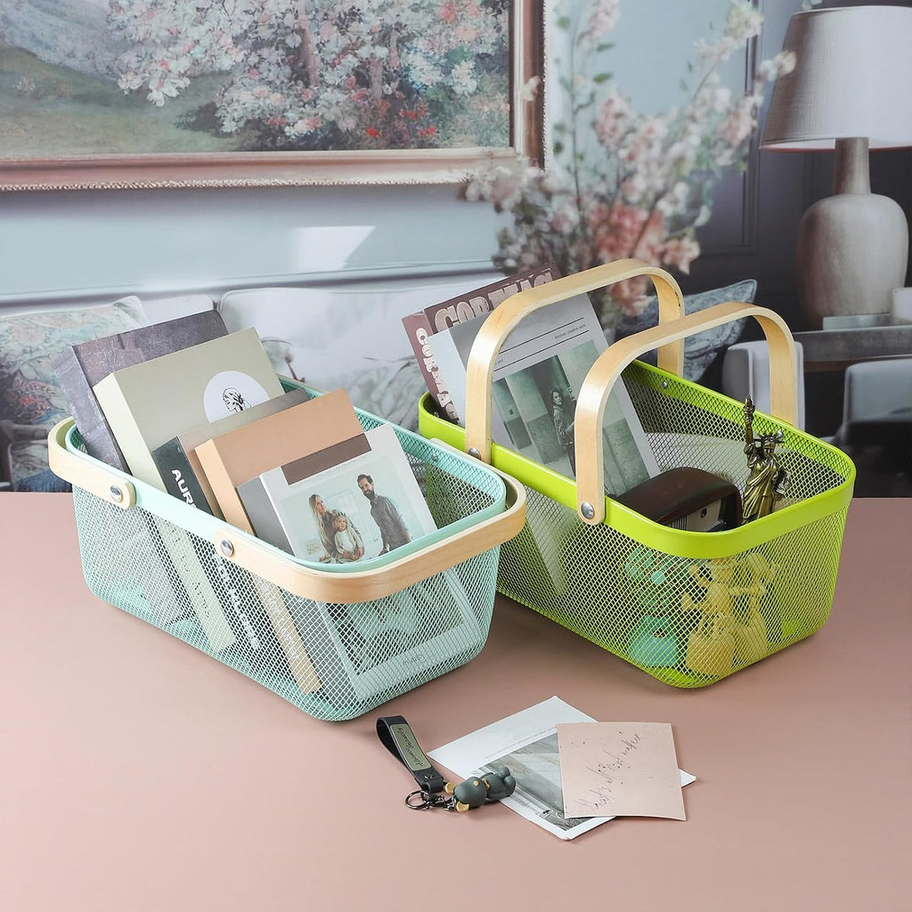 Coloful Metal Mesh Wire Basket with Foldable Wooden Handle,Bin Garden Fruit Vegetable Storage Hanging Harvest Holder