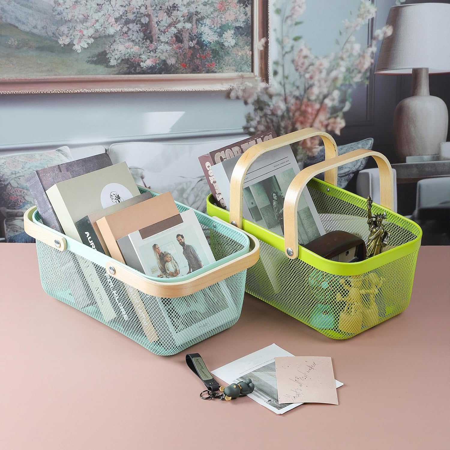 Coloful Metal Mesh Wire Basket with Foldable Wooden Handle,Bin Garden Fruit Vegetable Storage Hanging Harvest Holder