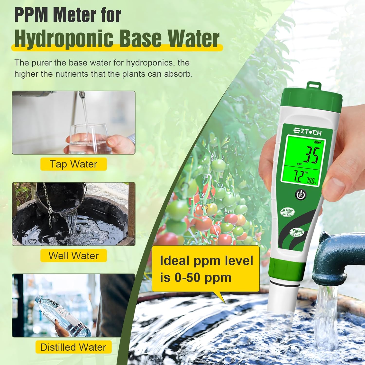 Hydroponic pH EC Meter, Water pH TDS PPM Meter | for Reservoir Nutrient Solution, pH EC Meter for Water Hydroponic DWC
