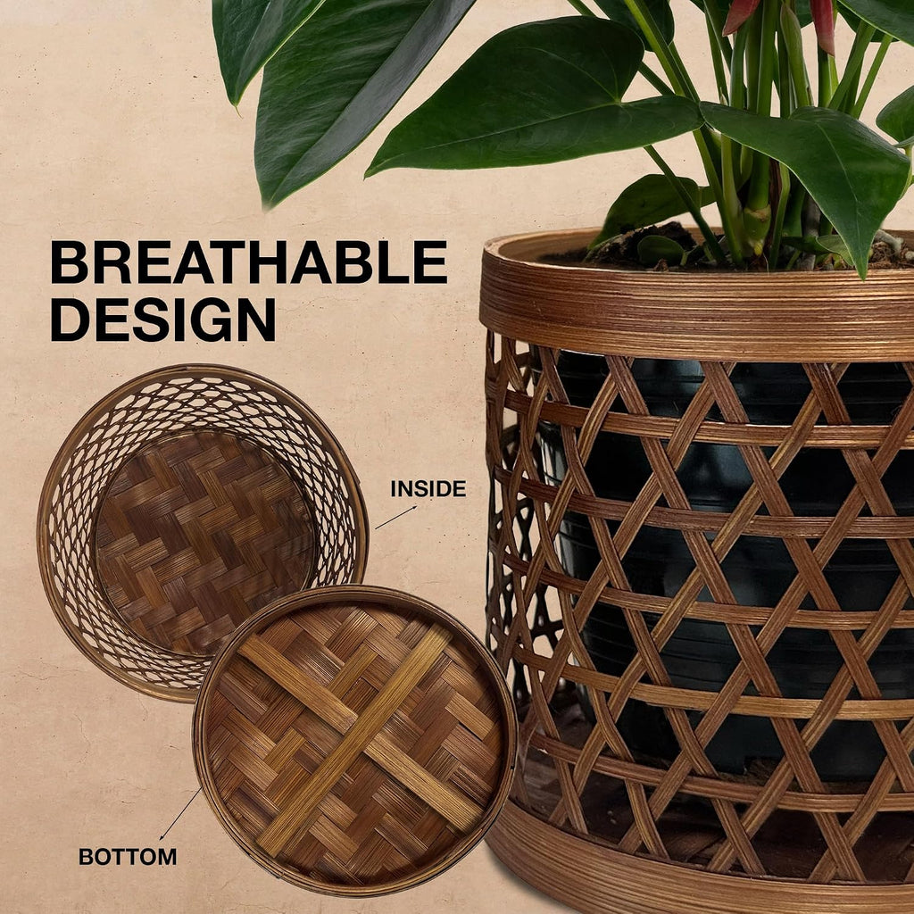Handcrafted Bamboo Tabletop Decorative Plant Pot Covers - Multi Set of 3 – for Indoor Plants, Orchids, Succulents –