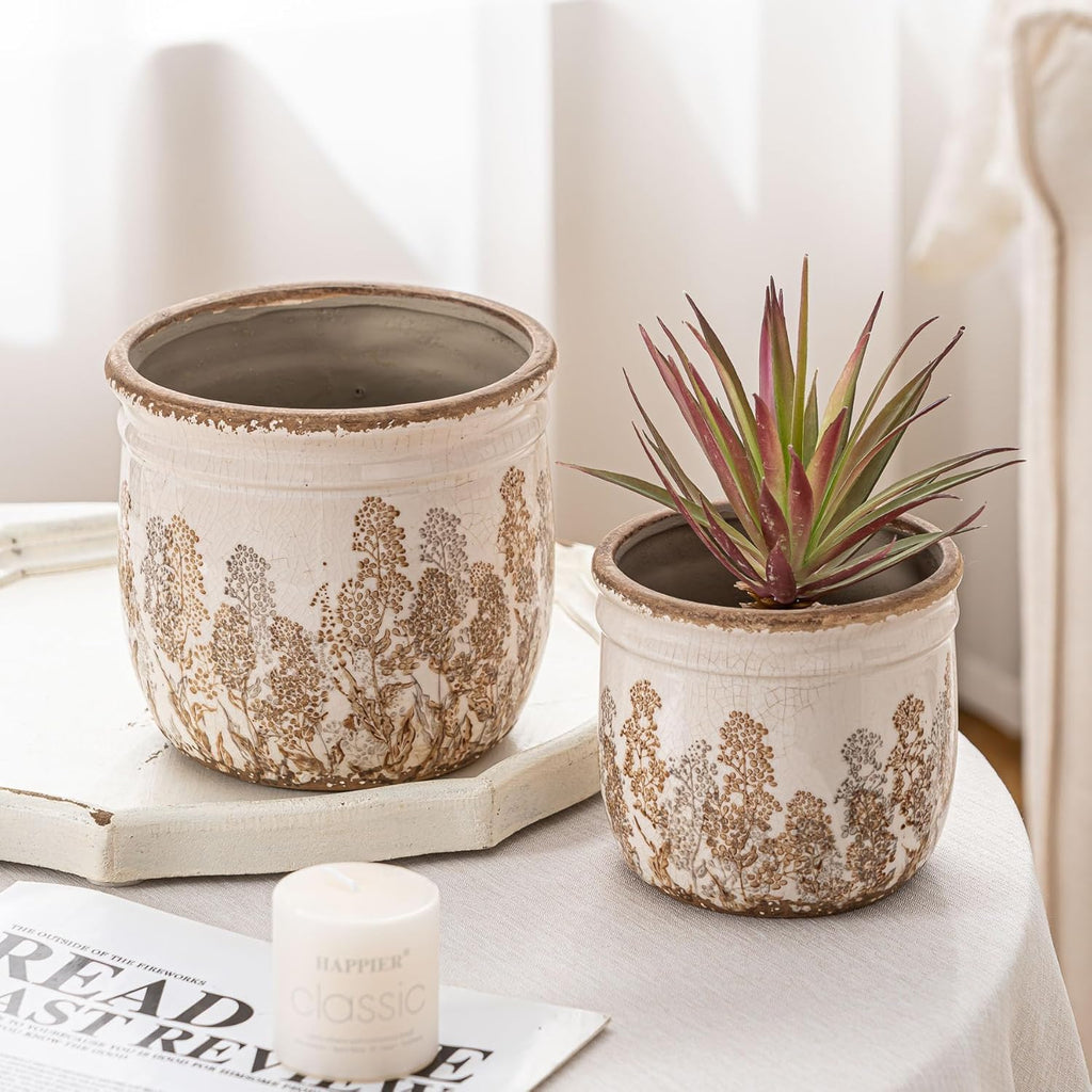 SURE YUESI Ceramic Plant Pots Set of 2, 4.7+5.7 Inch Vintage Indoor Planters with Drainage Hole, Farmhouse Ceramic