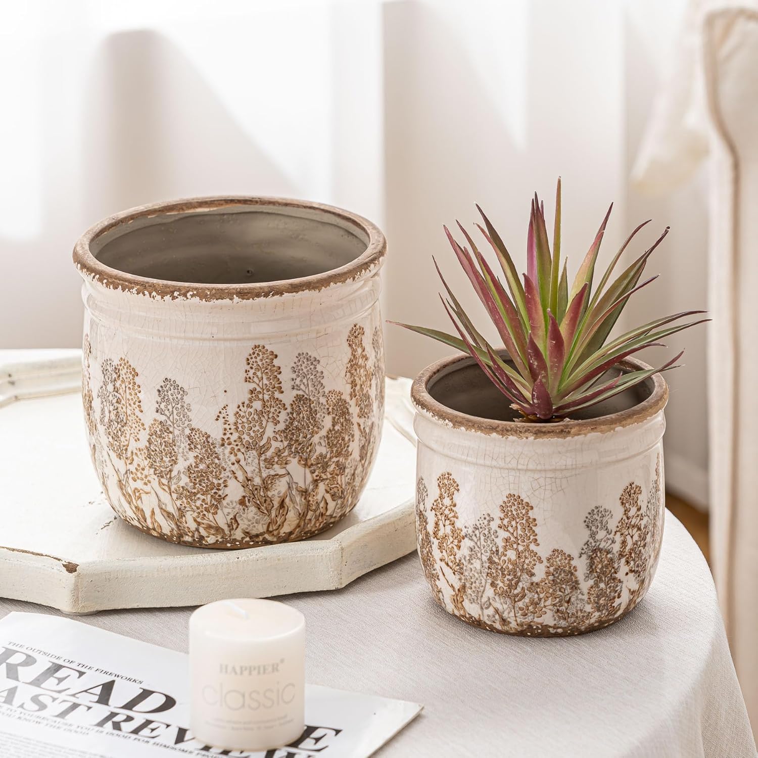 SURE YUESI Ceramic Plant Pots Set of 2, 4.7+5.7 Inch Vintage Indoor Planters with Drainage Hole, Farmhouse Ceramic