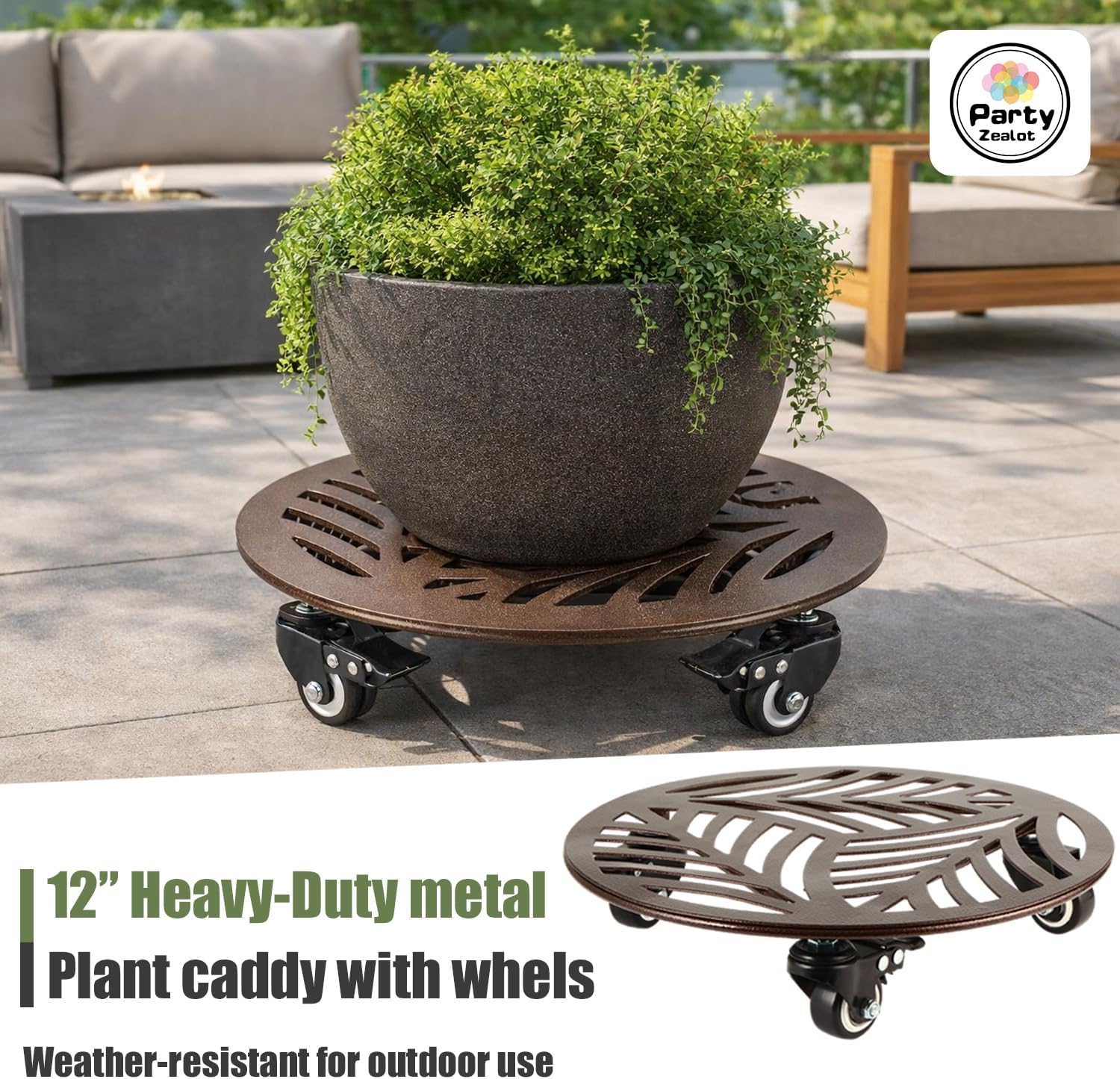 2-Pack Large Metal Plant Caddy with 3 Wheels 12 Inches Heavy-duty Rolling Plant Stands with Casters Wheeled Flower Pot