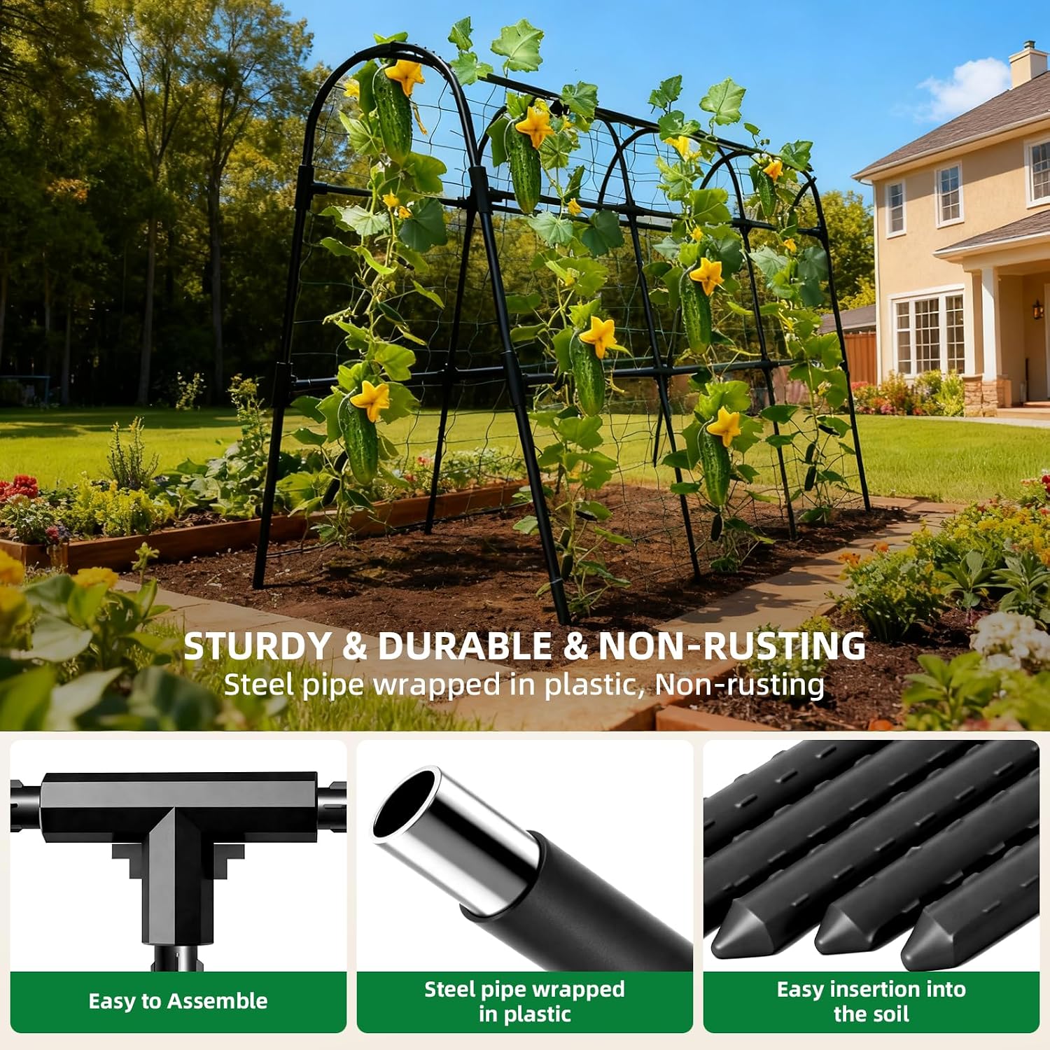 Cucumber Trellis for Raised Bed, U-Shape Garden Arch Metal Support for Climbing Plants, Metal Arch Plant Support
