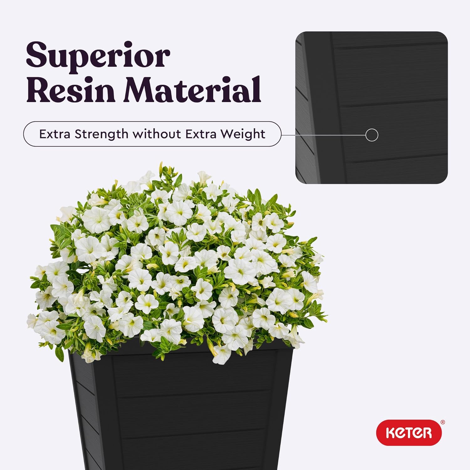 Keter Set of 2 Resin Modern Outdoor 22 Inch Tall Large Flower Pots, Tapered Wood Look Planters for Outdoor Plants and