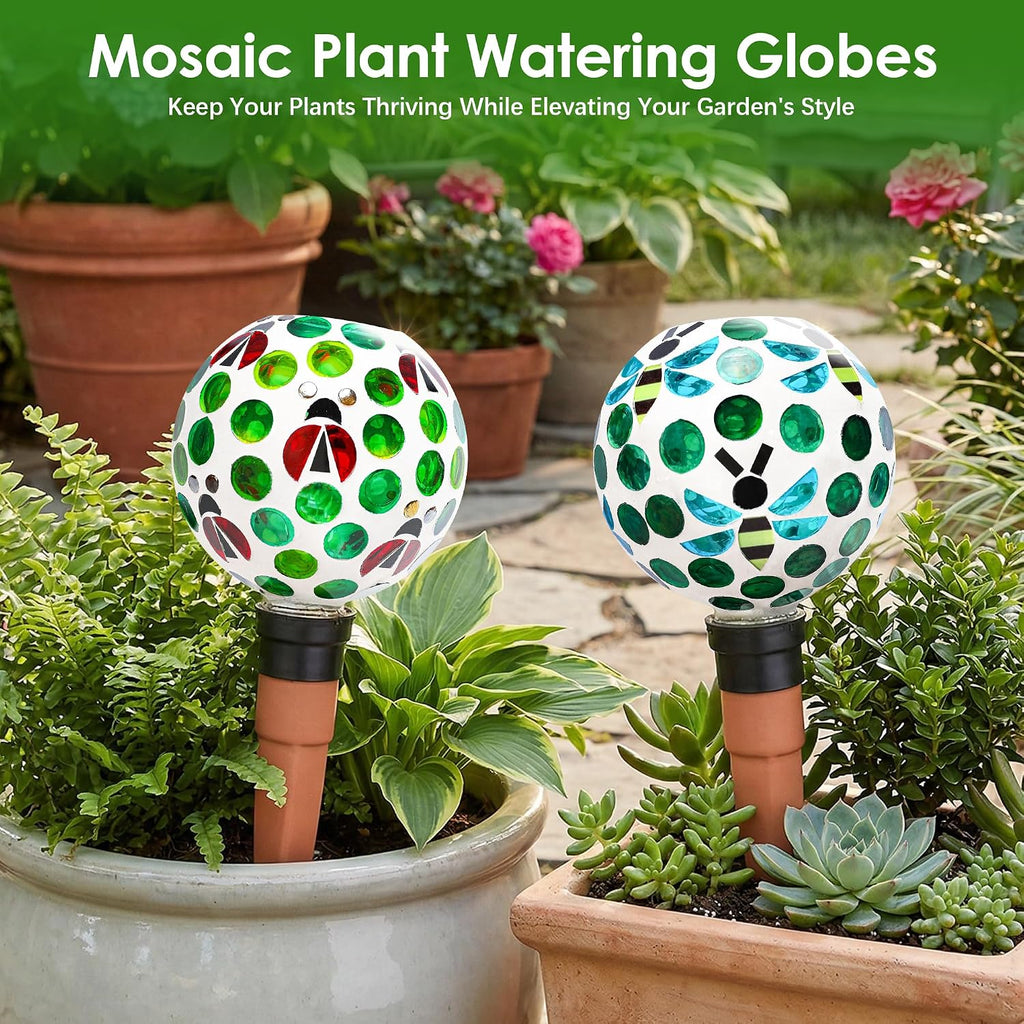 Plant Watering Globes Mosaic Self Watering Spikes 2 Pack | Indoor Outdoor Plants Automatic Terracotta Plant Waterer