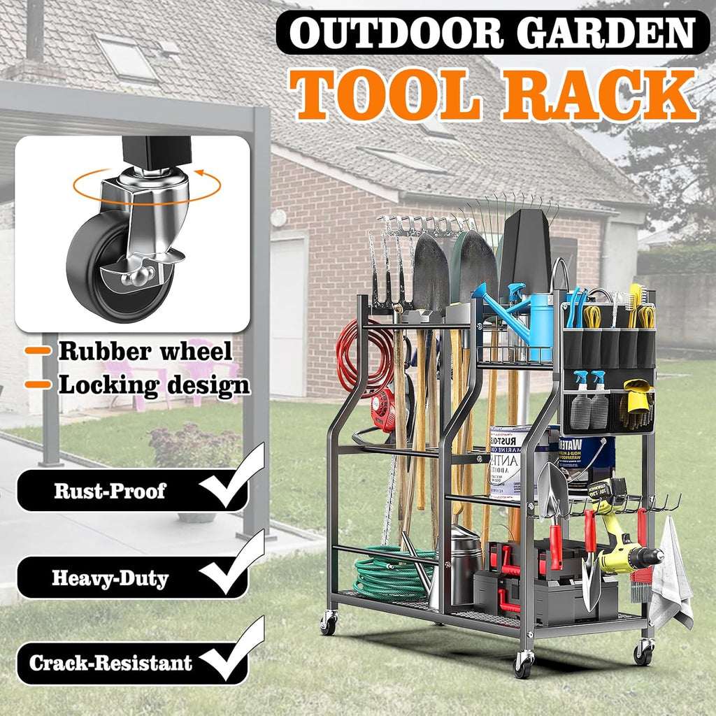 36" Large Garden Tool Organizer with Wheels & Side Tool Bag, 3 Tier Rolling Garage Storage Rack for Long Handled Rakes