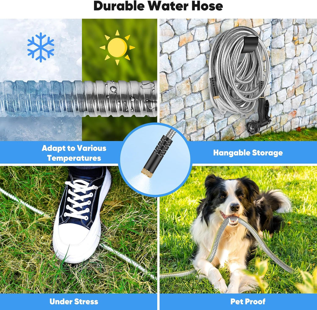 Garden Hose 50 FT, Metal Stainless Steel Water Hose with 10 Function Nozzle | No Kinks, Flexible Hose, Lightweight