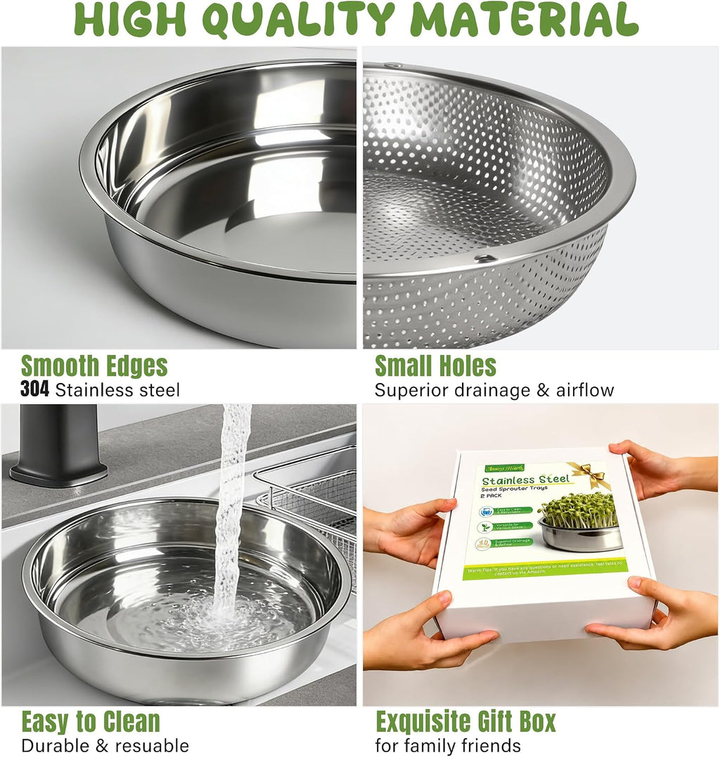 2 Pack 304 Stainless Steel Microgreens Growing Kit Seed Sprouting Trays | 2-Tier Soil-Free Rust-Free Round Seed