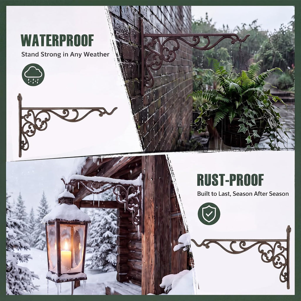 Landhoow 2 Pcs 15.6" Large Cast Iron Hanging Outdoor Wall Hanger Rust Brown Heavy Duty Basket Hook Braces Vintage