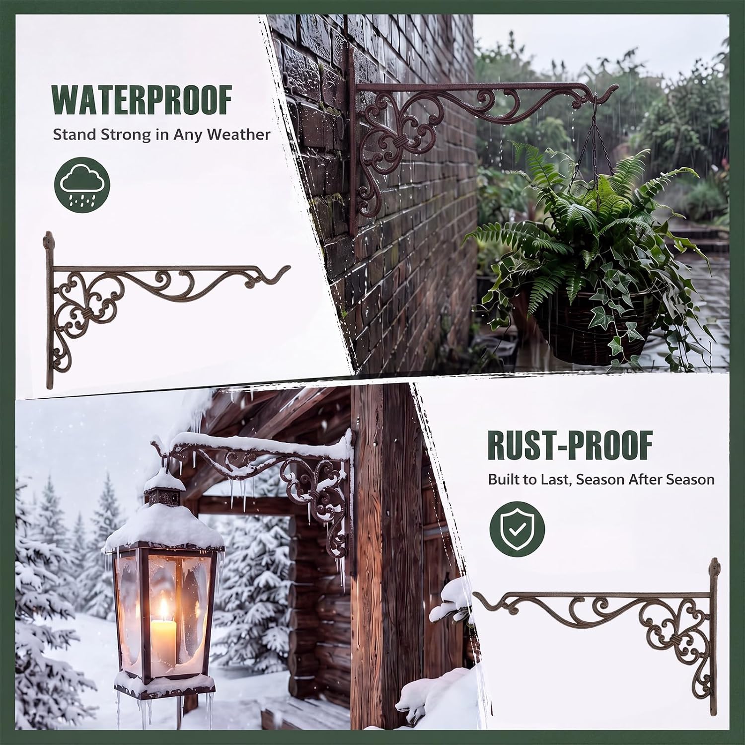 Landhoow 2 Pcs 15.6" Large Cast Iron Hanging Outdoor Wall Hanger Rust Brown Heavy Duty Basket Hook Braces Vintage