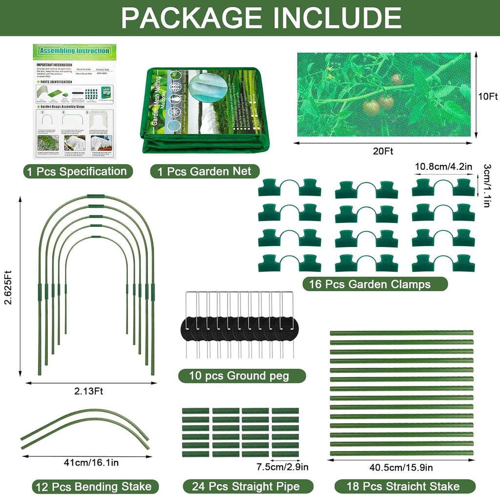 Garden Mesh Netting Kit 10 x 20 FT Garden Netting for Raised Beds with 6 Pcs Garden Hoops & 16 Pcs Garden Clips