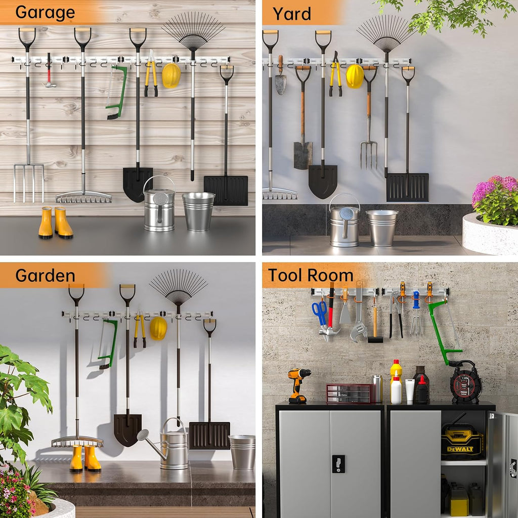 HUPBIPY 34.5'' Aluminum Alloy Garden Tool Organizer Wall Mount Garage Organizers and Storage with Hooks Tool Hangers