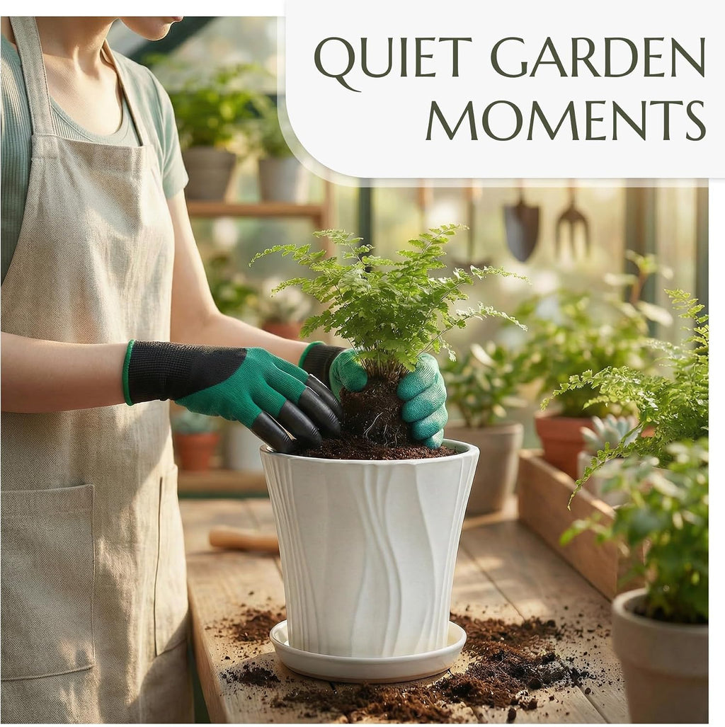 10 Inch Ceramic pots for Plants with Saucer Drainage Leak-Proof Mesh, Round Plant Pot with Gardening Gloves for Indoor