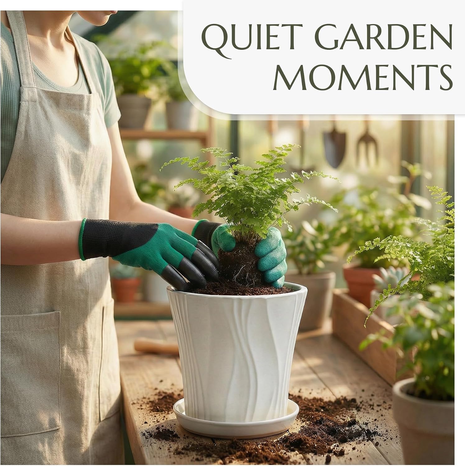10 Inch Ceramic pots for Plants with Saucer Drainage Leak-Proof Mesh, Round Plant Pot with Gardening Gloves for Indoor