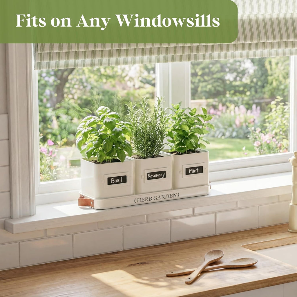 PERFNIQUE Indoor Herb Garden, Herb Planter Set with Tray, Farmhouse Indoor Plant Pots, Windowsill Herb Garden with