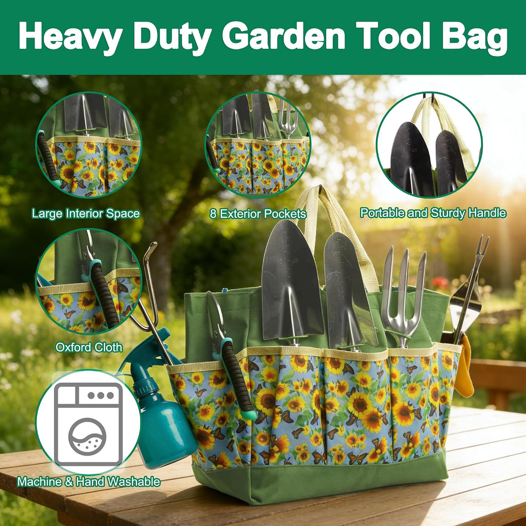 Garden Tool Set, 9 Pcs Heavy Duty Stainless Steel Gardening Hand Tool, Yellow Garden Tool Bag Kit, Gardening Supplies