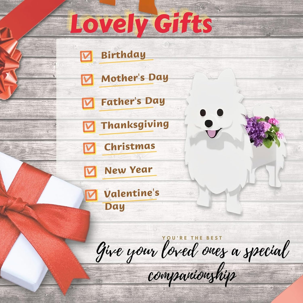 White Pomeranian Dog Planter Pots, Animal Shaped Flower Pot | Cute Plant Gift for Women and Pet Lovers, Indoor Outdoor