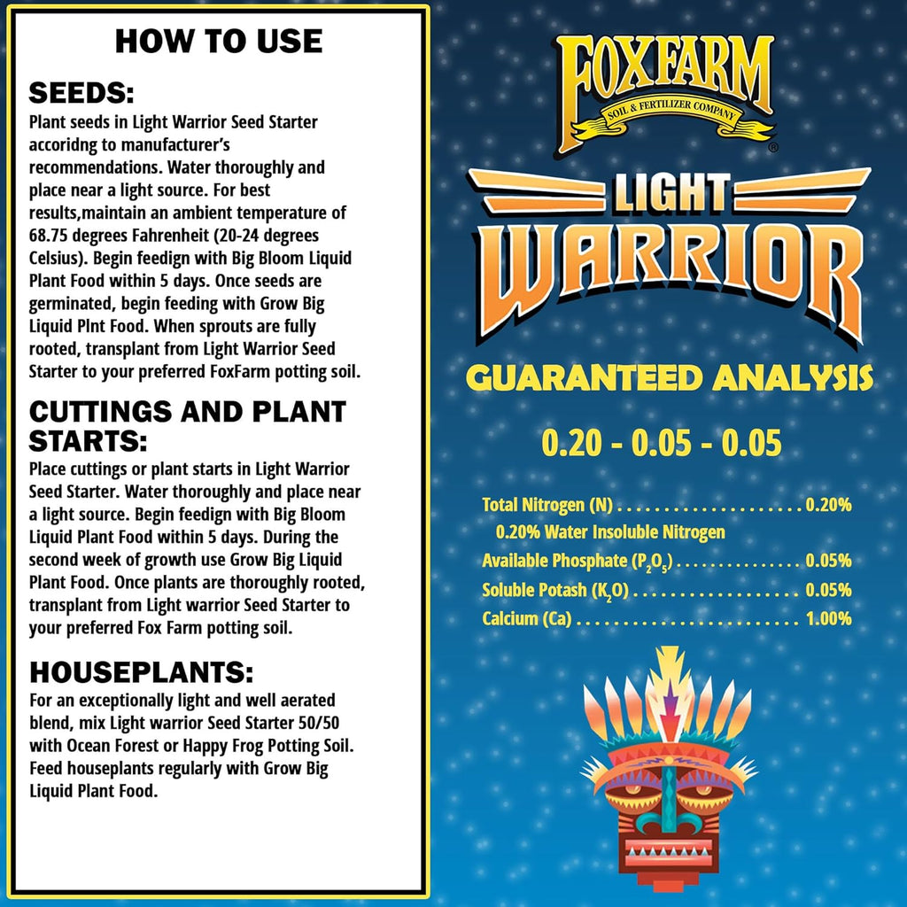 FoxFarm Light Warrior Seed Starter Growing Medium, 1cu ft - Beneficial for Seed Germination and Root Development