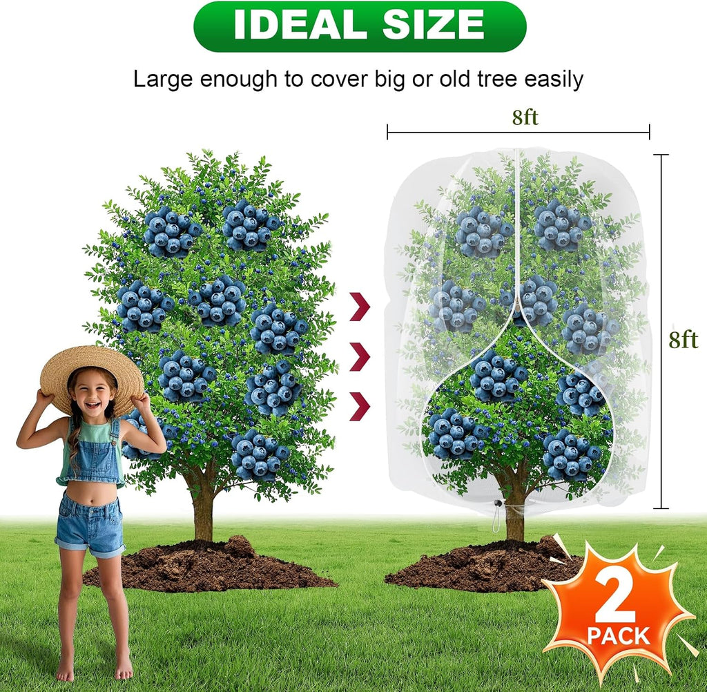 2 Pack Large Fruit Trees Netting 8ftx8ft with Zipper&Drawstring Garden Birds Net Mesh Insect Netting Plant Covers