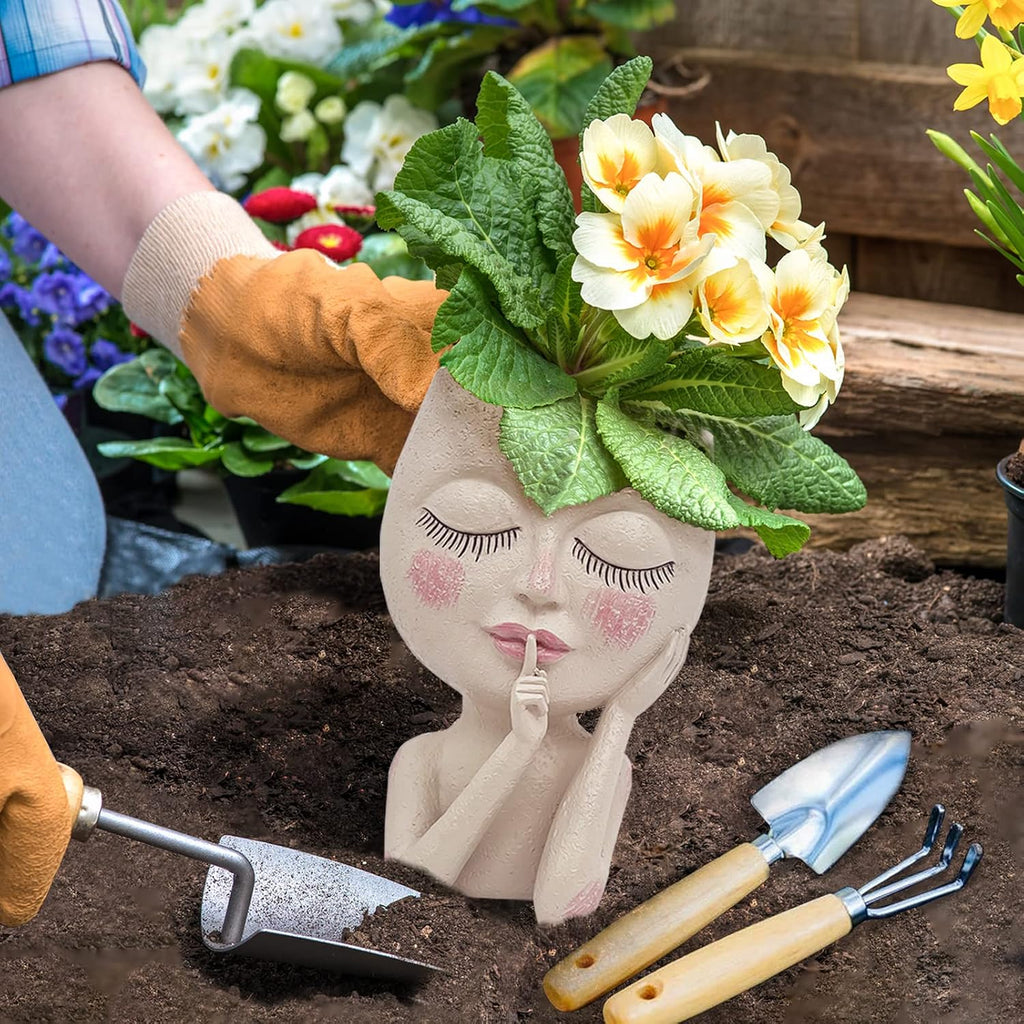 Cute Face Head Planter Pot With Solar Led String Lights & Drainage Hole | Warterproof, Long Lasting Resin Material