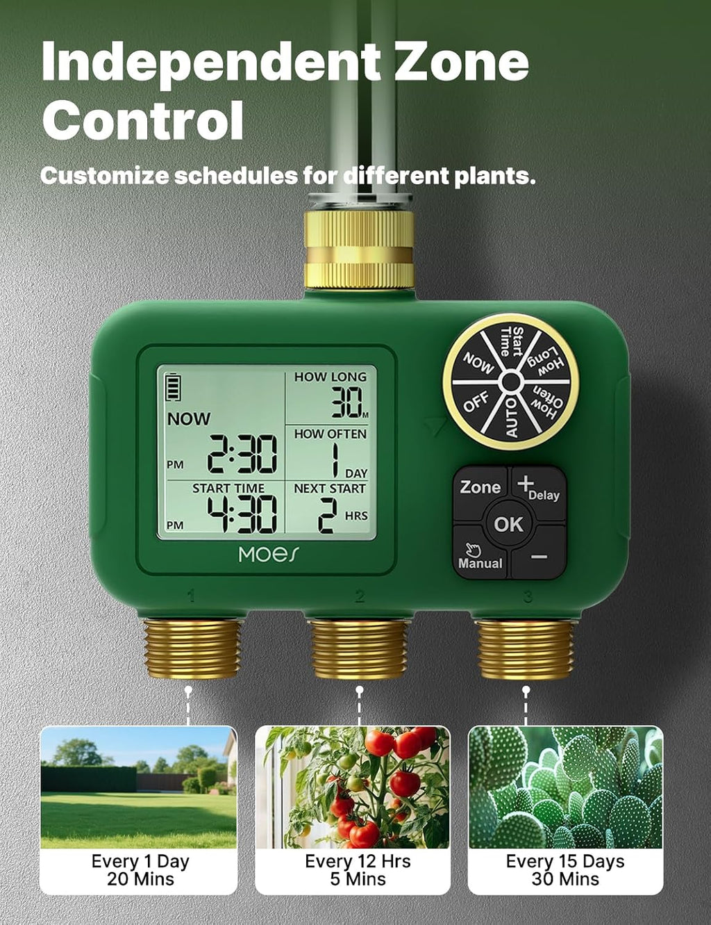 MOES 3 Zone Water Timer, Brass Fittings, Sequential Watering, No Wi-Fi | 3 Independently Programmable Outlets With 3/4
