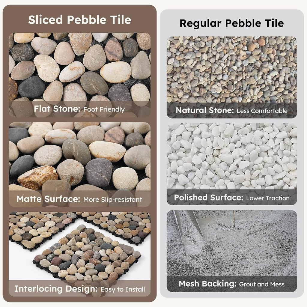 Natural Stepping Stones Deck Tiles for Outdoor River Rock 4 Sheets | Interlocking Square Pavers Landscaping, Sliced