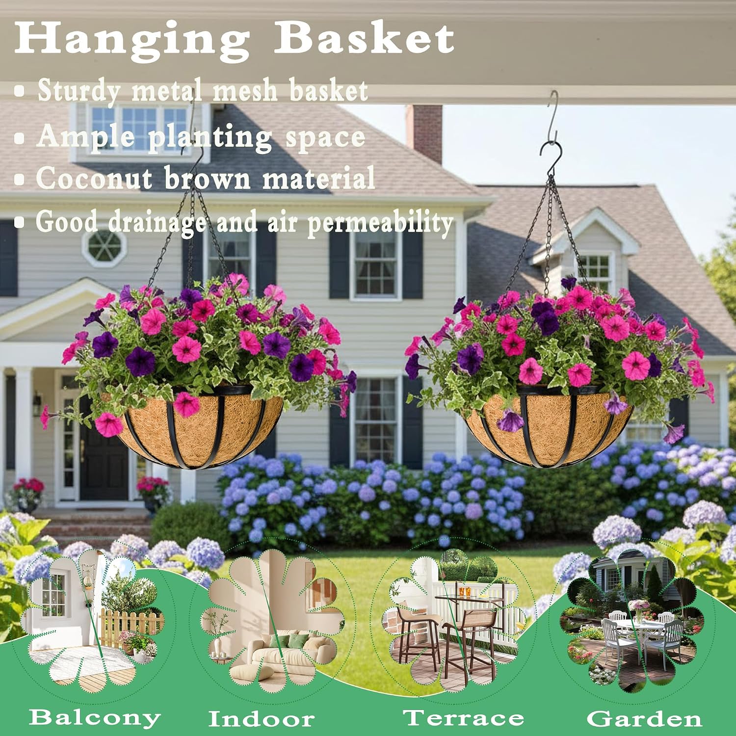 4 Pack 14 Inch Hanging Planters for Outdoor Plants Metal Hanging Planter Basket with Coco Coir Liner Round Plant Black