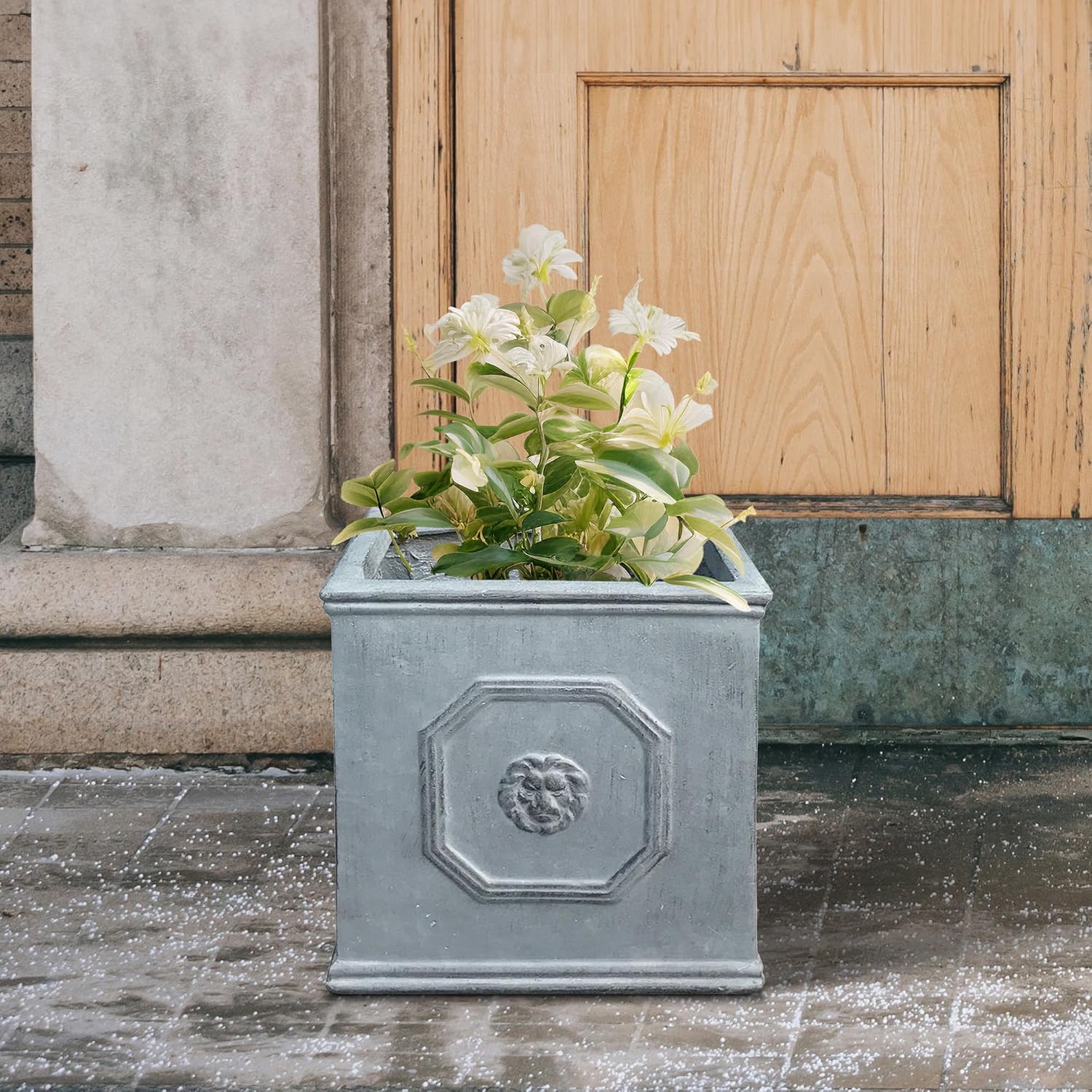 Kante Small Square Dusty Blue Concrete Planter 10.2" W, Outdoor | Rubber Plug for Indoor, Drainage for Garden
