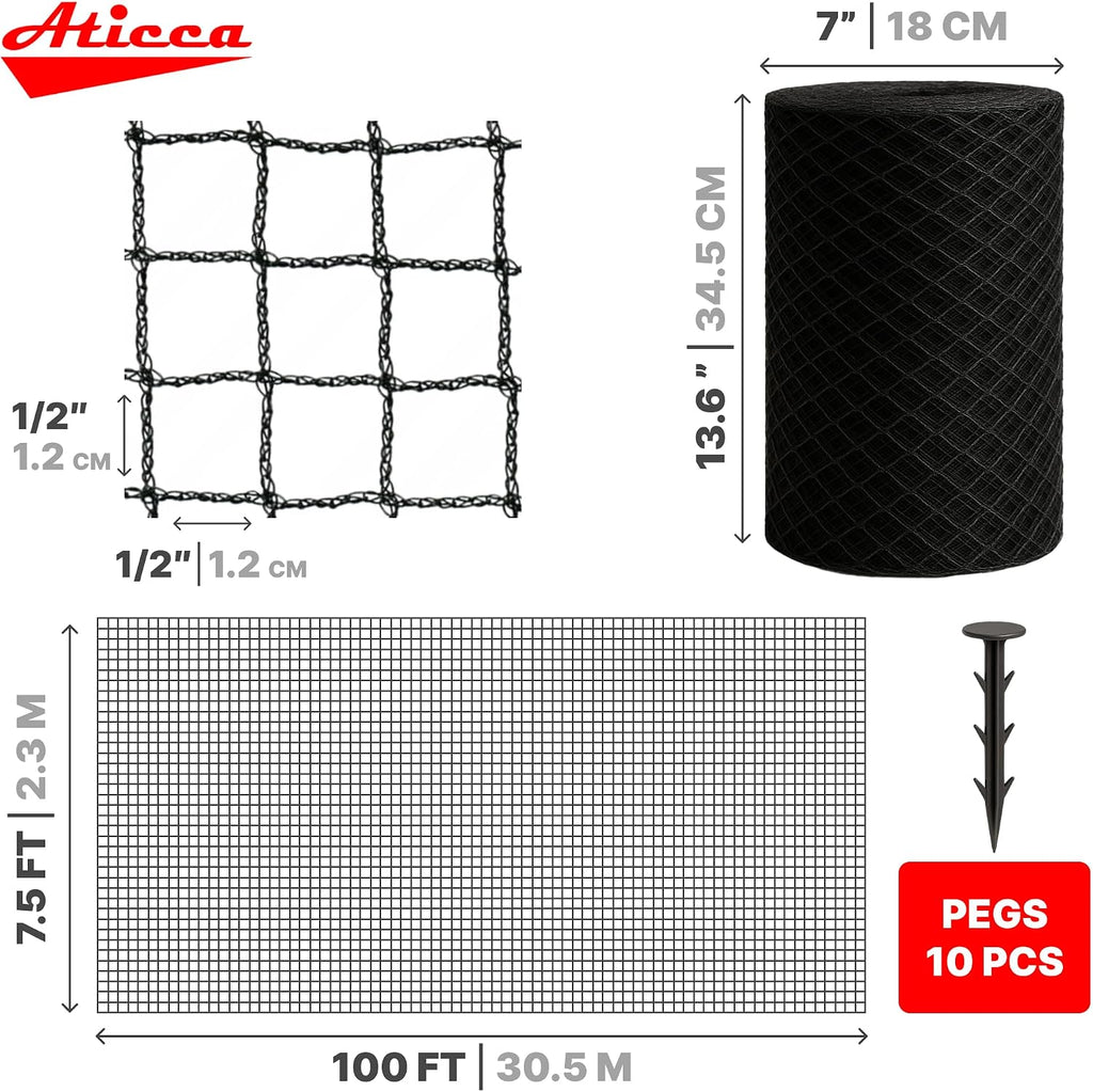 ATICCA Heavy Duty Bird Netting for Garden Protection & Fruit Trees, 7.5x100 Ft with 10 Stakes – Black Anti-Bird Net for