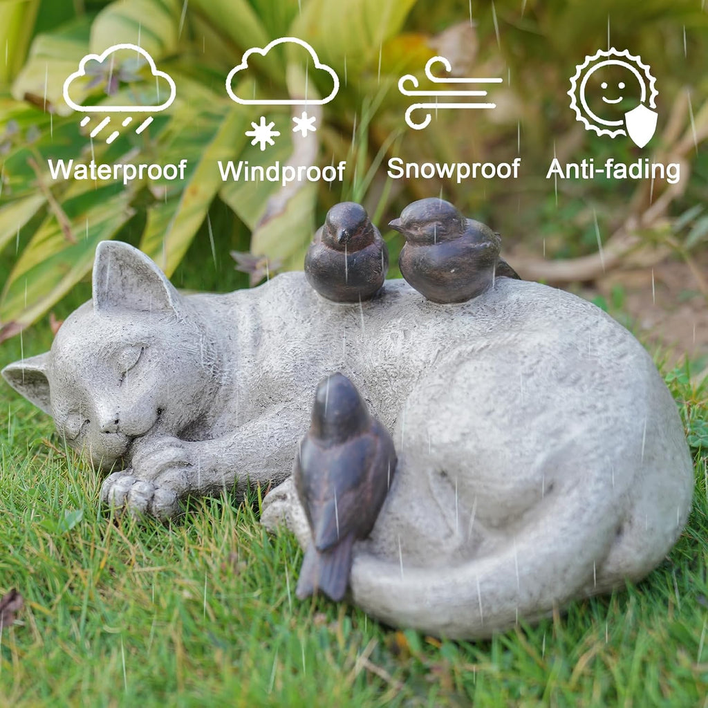 Sleeping Cat Garden Statues Outdoor - 12" Sparrows On Cat Figurine Memorial Statue Grave Markers Garden Resin Statues