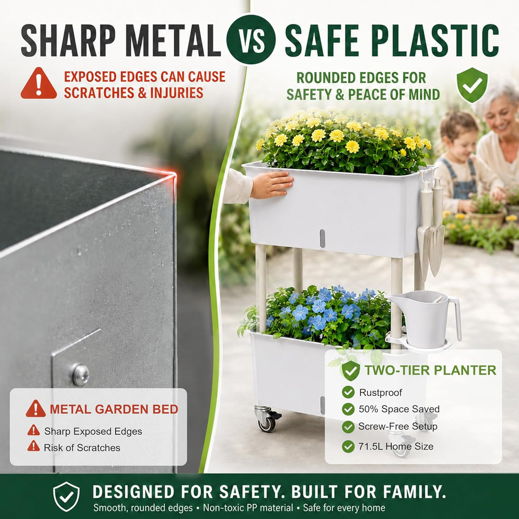 2-Tier 27.8"H Rolling Raised Garden Bed with Wheels, Self Watering Planter Box with Visible Water Level, Gray Rustproof