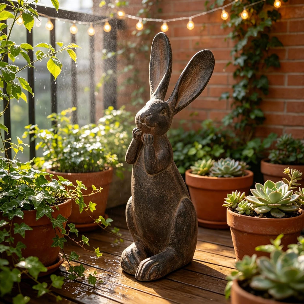 DiliComing Bunny Garden Decor 11 Inch Brown Resin Rabbit Outdoor Statue | Animals Yard Decorations, Cute Cheeky Bunny